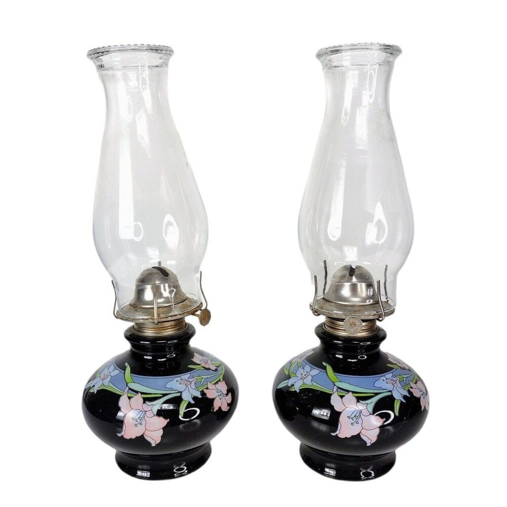 Kaadan LTD 80s Vintage Hand-Painted Black Glass Bamboo Floral Design Oil Lamps